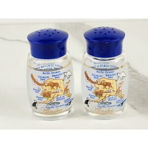 Alaska Facts Salt & Pepper Shakers Glass Souvenir 3" Blue Cap 80's Vintage